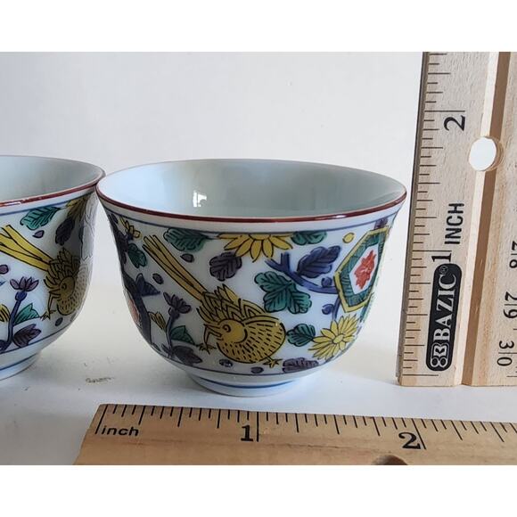 Set of 3 Japanese Arita Ware Porcelain Tea Bowls – Bird & Floral – 1.5 in - Picture 4 of 4